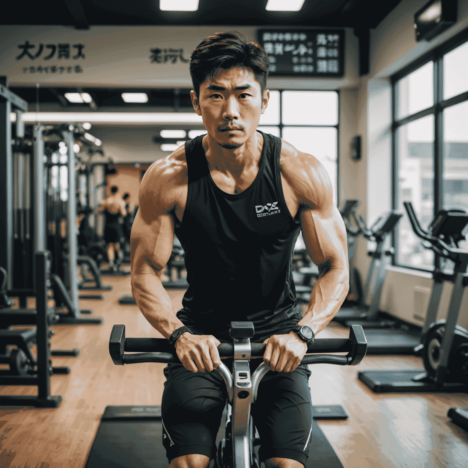 仕事後にジムで運動する日本人プログラマー。背景には日本語の motivational quote が書かれている。