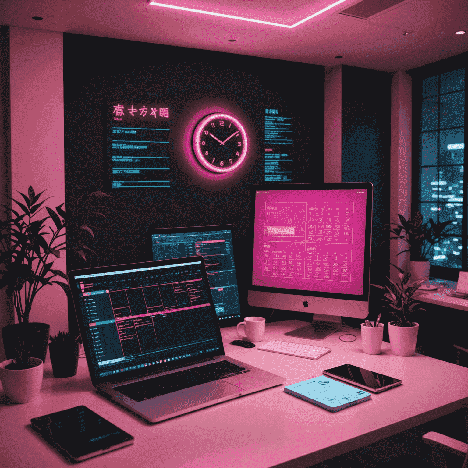 分割された画面：一方でコーディング、他方で日本の伝統的なオフィス環境。中央にはネオンピンクで光る時計とカレンダーのシンボル。